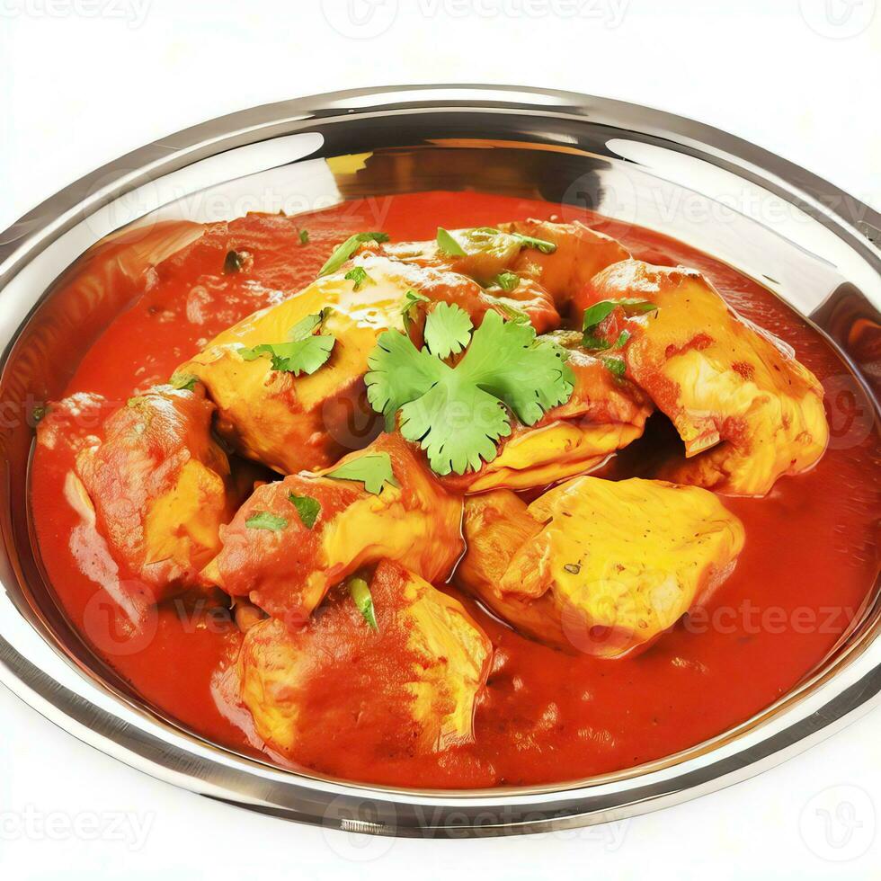 Indian Food or Indian Curry in a copper brass serving bowl, chicken curry, India, Indian style meat dish, or mutton curry in a copper brass bowl isolated on a. Generative AI photo