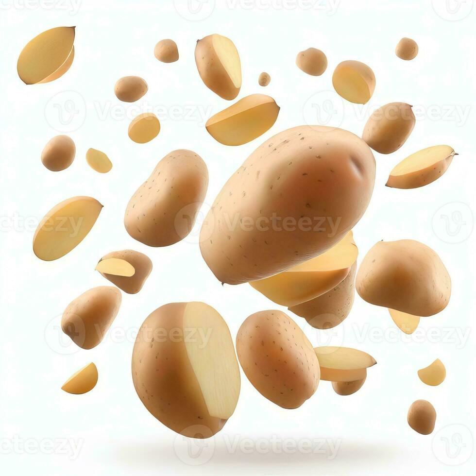 Falling fresh potatoes isolated on transparent or white background. Generative AI photo