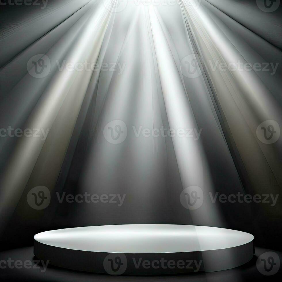 Stage, empty round podium illuminated by white beams spotlights, projectors, vector realistic isolated on black background. Transparent light effect design element for theater, studio. Generative AI photo