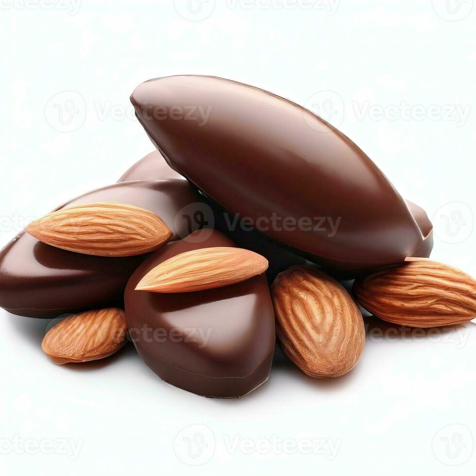 Small round almond chocolate, white background, milk chocolate, and almond isolated on a white background. Generative AI photo
