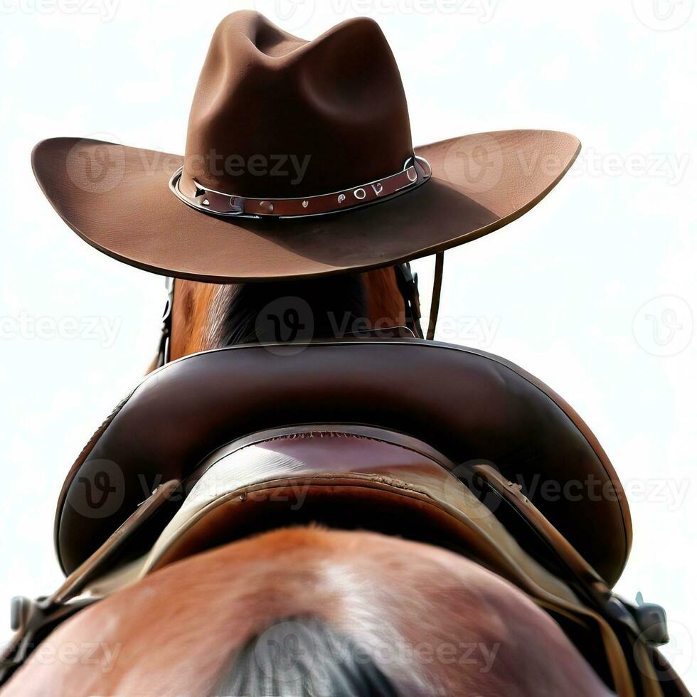 Rodeo horse rider, wild west culture, Americana and American country music concept theme with a brown leather cowboy hat isolated on white background with clip-path cut out. Generative AI photo