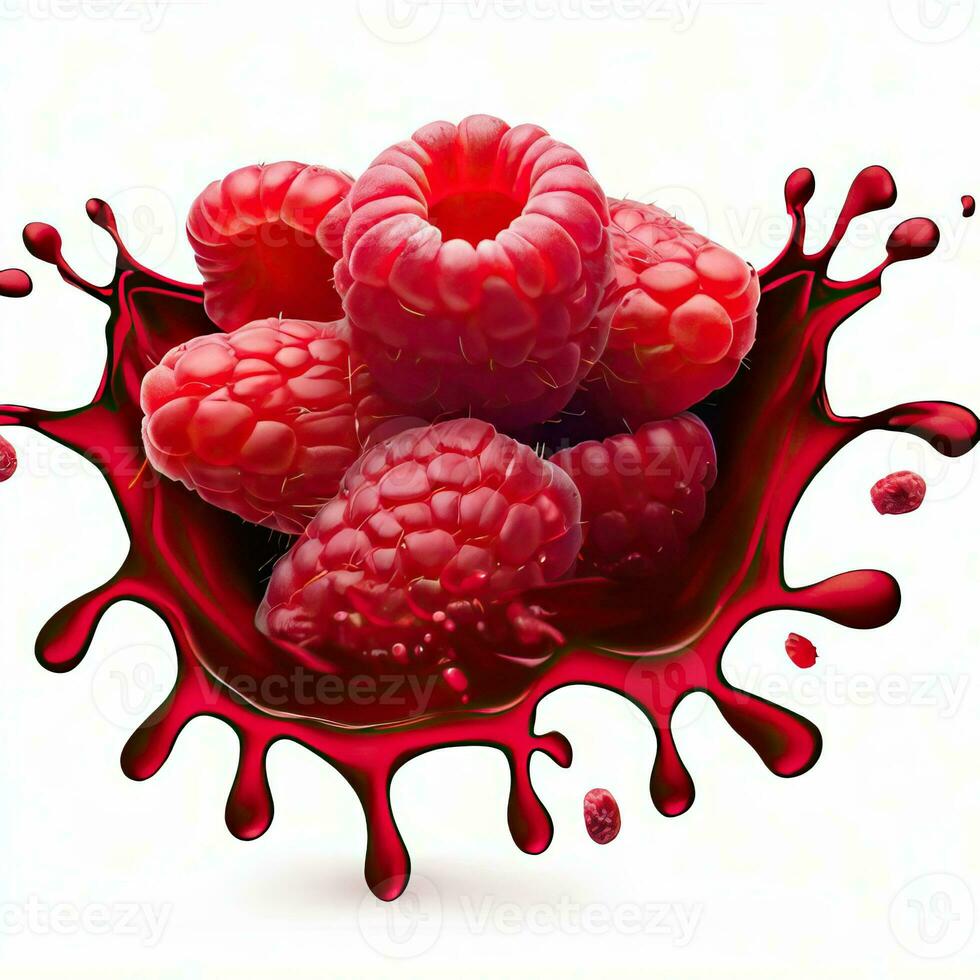 Delicious ripe berries falling in juice with splashes on a white background isolated on a white background, 3D rendering. Generative AI photo