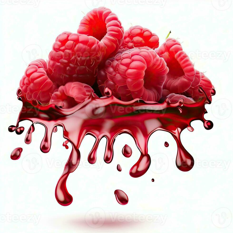 Delicious ripe berries falling in juice with splashes on a white background isolated on a white background, 3D rendering. Generative AI photo