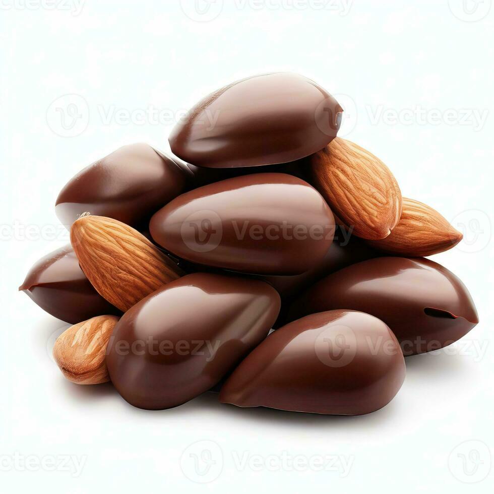 Small round almond chocolate, white background, milk chocolate, and almond isolated on a white background Generative AI photo
