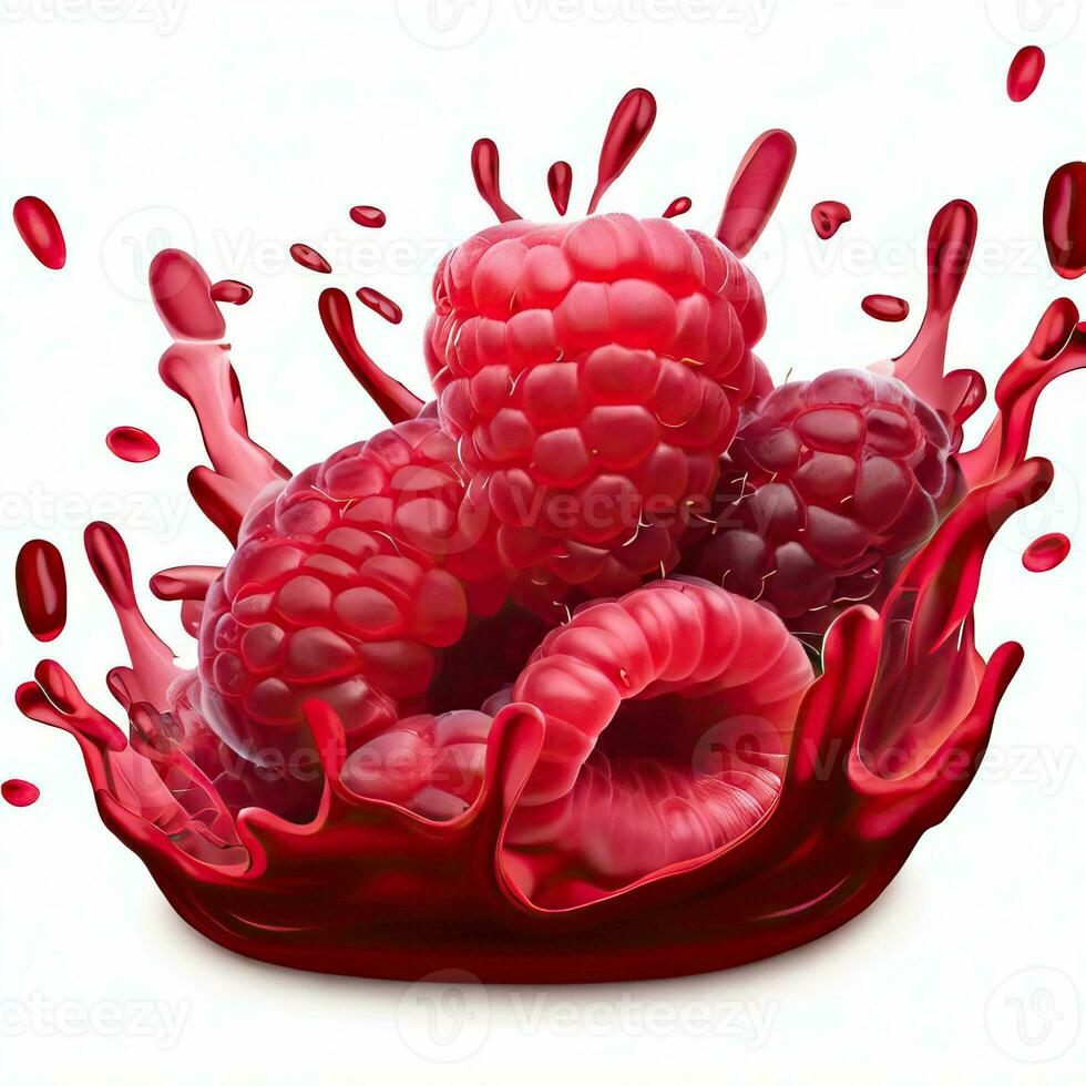 Delicious ripe berries falling in juice with splashes on a white background isolated on a white background, 3D rendering. Generative AI photo