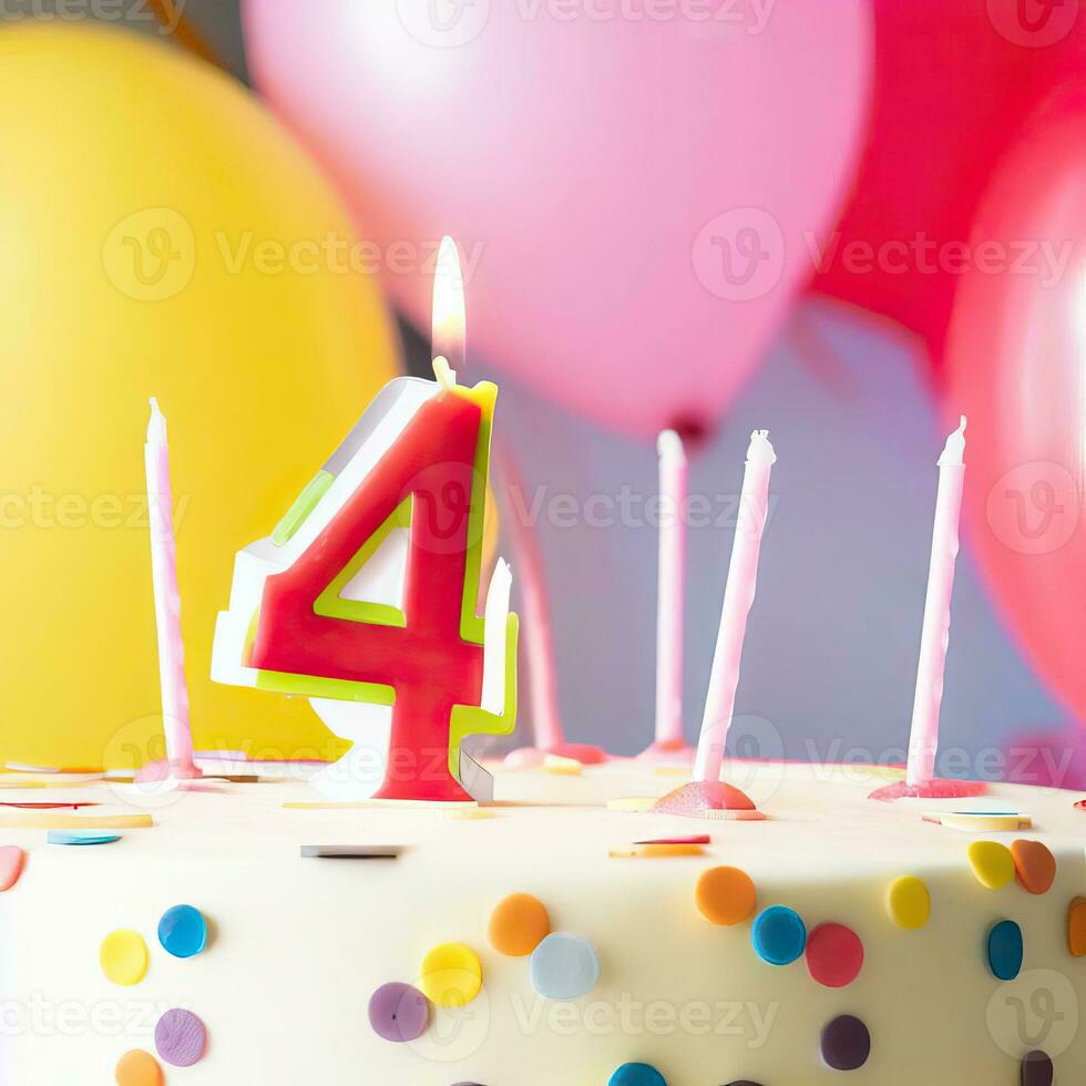a white cake with a number 4 candle in the middle Generative AI photo