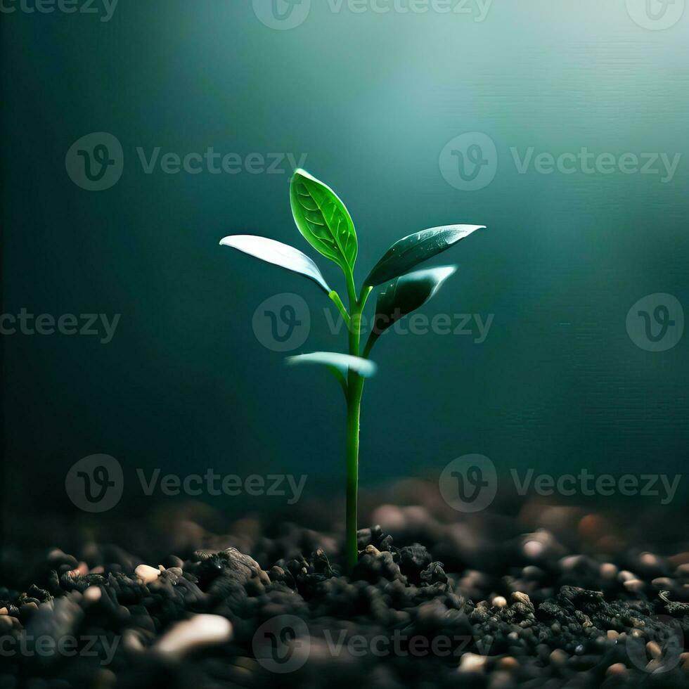 joven planta en el Mañana ligero en naturaleza fondo, el concepto de ahorro el mundo y reduciendo global calentamiento generativo ai foto