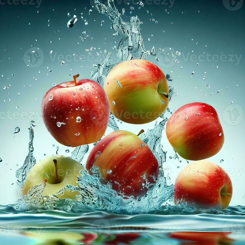 apples are splashing in a bowl of water with the word quot water on them Generative AI photo