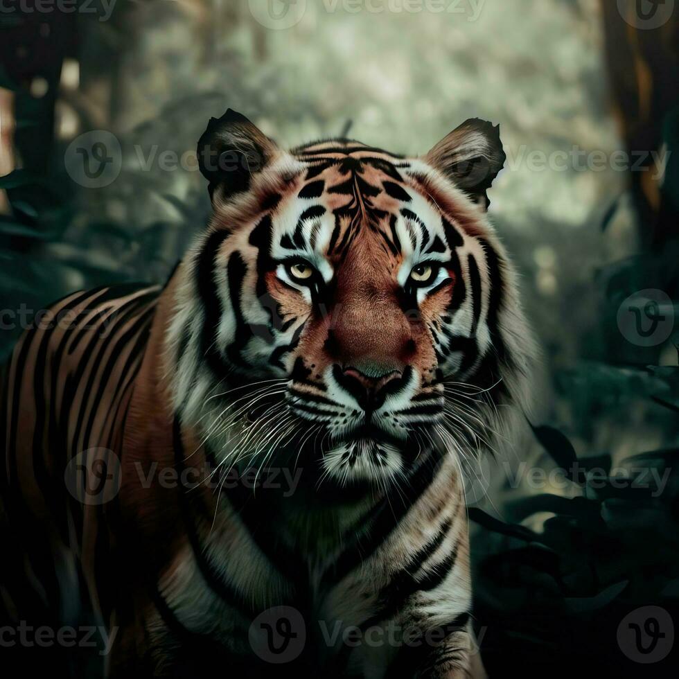 un Tigre en el selva con el palabras Tigre en el esquina un Tigre en el selva generativo ai foto