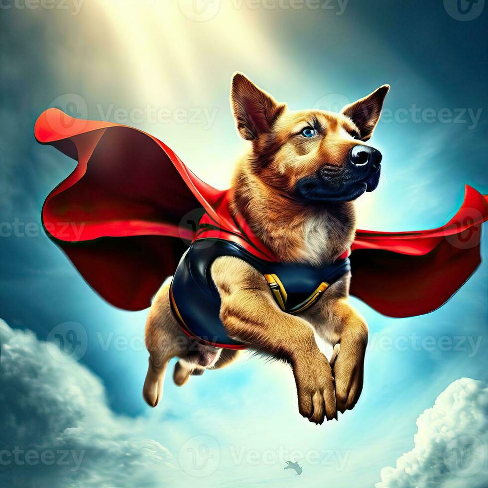 Dog dressed in superhero costume sitting above a layer of clouds in the sky. Generative AI photo