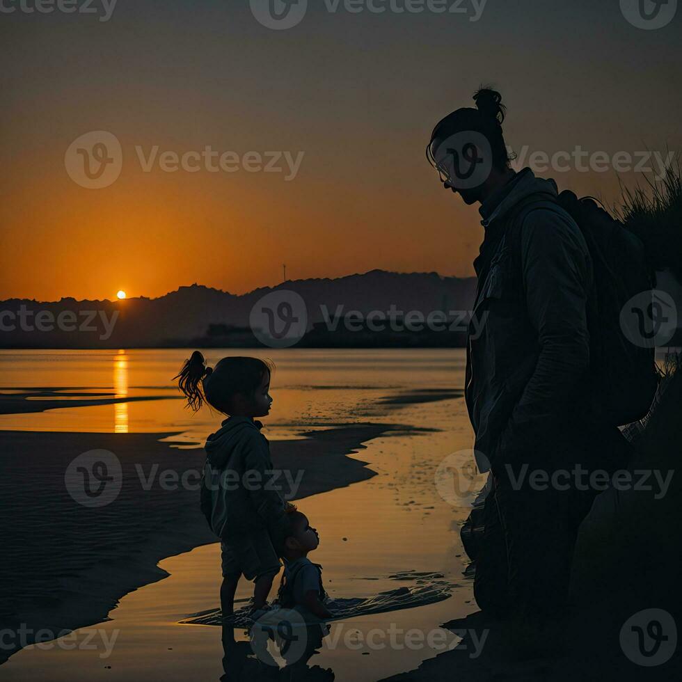 un hombre y un niño son en pie en un playa a puesta de sol generativo ai foto