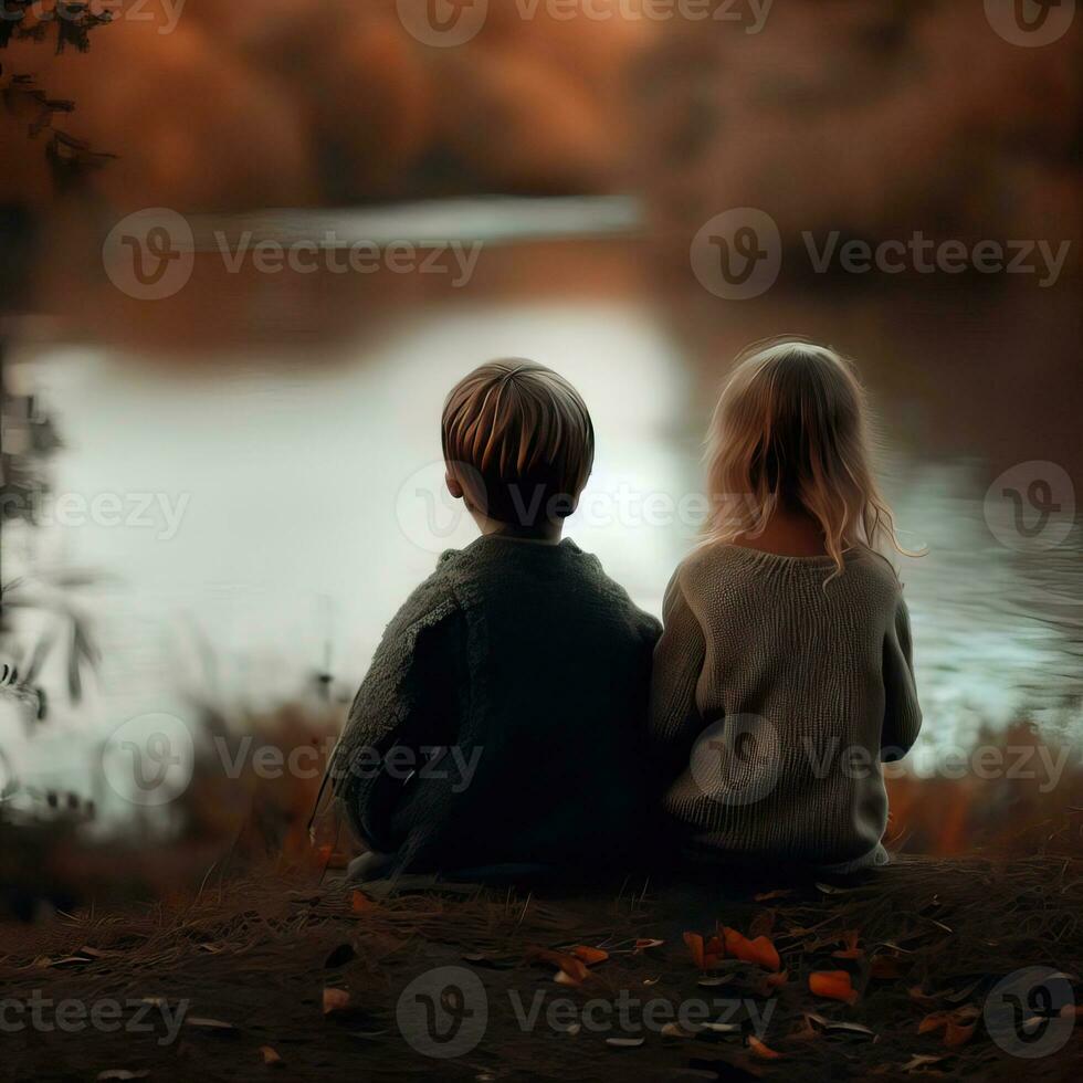 a boy and girl sit on a rock looking at the water Generative AI photo