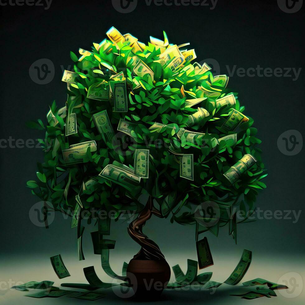 a tree with money floating in the water Generative AI photo
