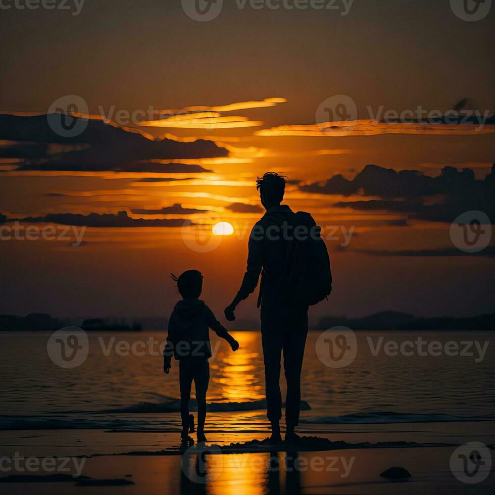 Dark silhouettes of father with son holding hands and standing on the cost of a sea on the sunset background. Father is pointing to the sun. Darkening effect.. Generative AI photo