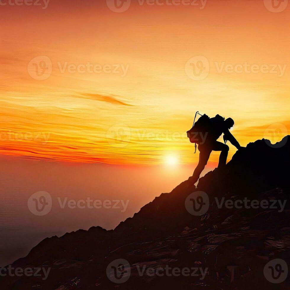 a silhouette of a man with a backpack on his back looks at the sun setting behind him Generative AI photo