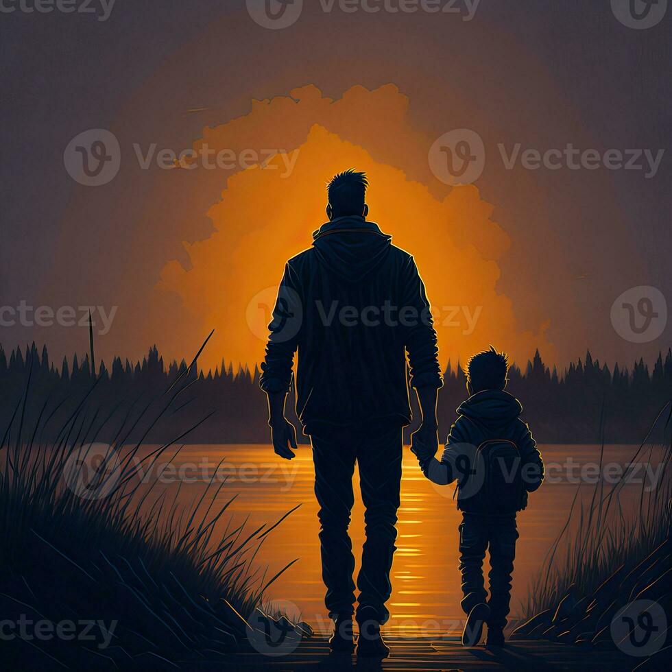 a man and a child walk down a path with the sun behind them Generative AI photo