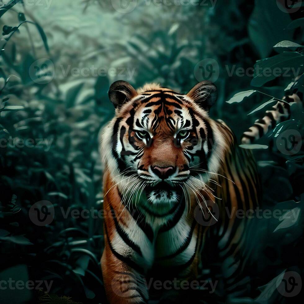 un Tigre en el selva con el palabras Tigre en el esquina un Tigre en el selva generativo ai foto