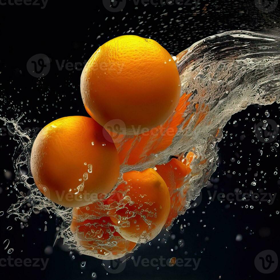 Close-up of two fresh oranges dropped in water with splashes isolated on a black background. Generative AI photo