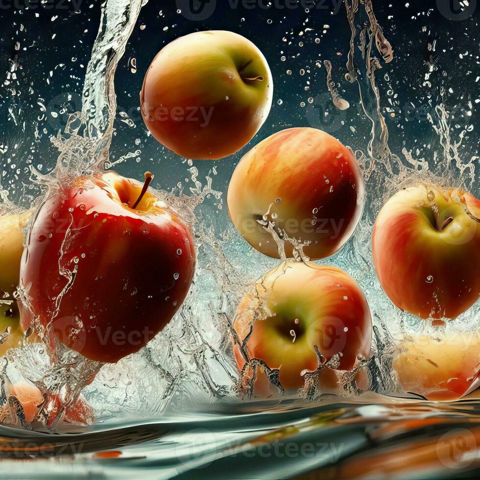 apples are splashing in the water and splashing water Generative AI photo