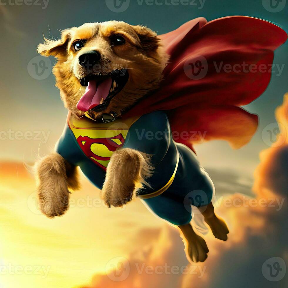 Super Dog,  Dog dressed in superhero costume sitting above a layer of clouds in the sky. Generative AI photo