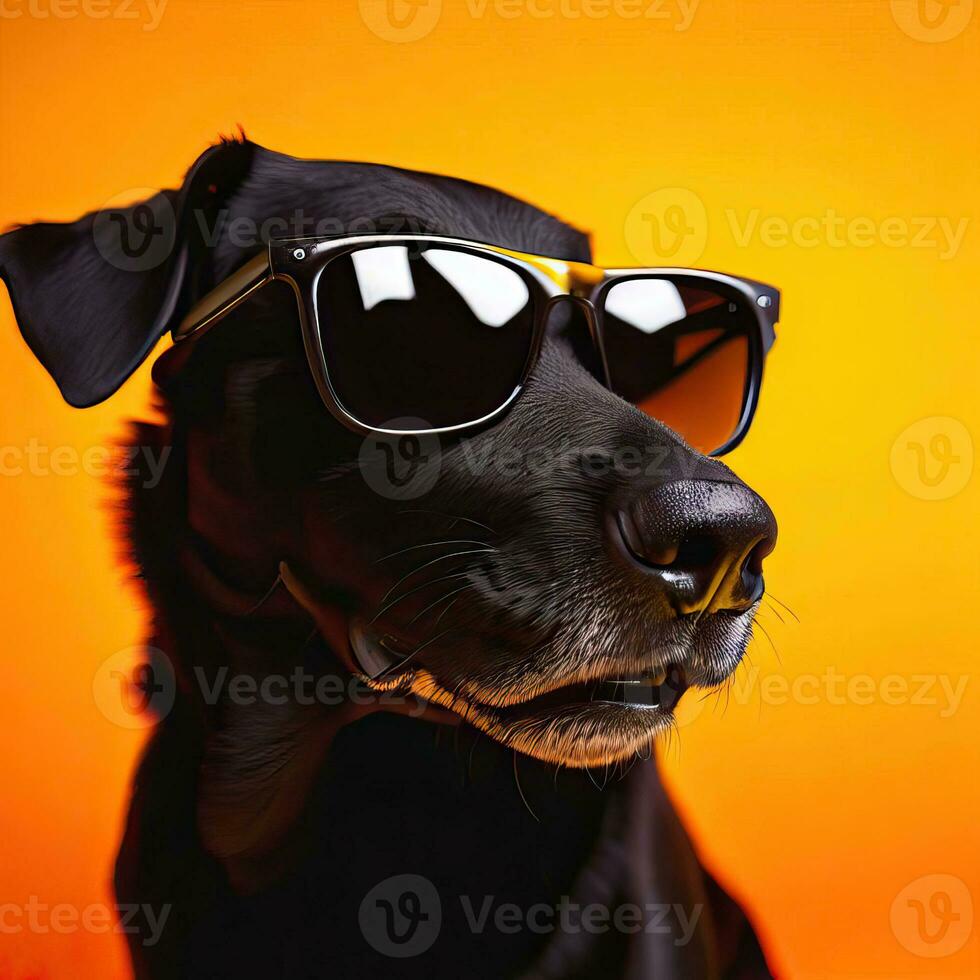 Isolated funny and cute young black labrador wearing yellow sunglasses on a yellow background Generative AI photo
