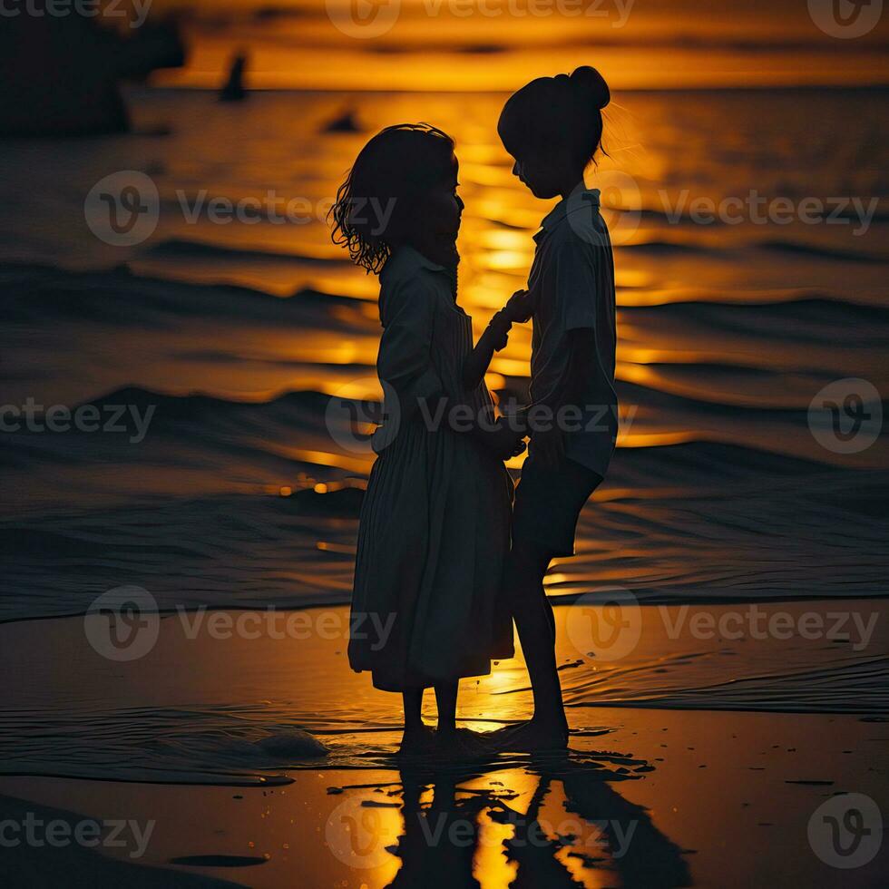 two girls stand in the water with the sunset behind them Generative AI photo