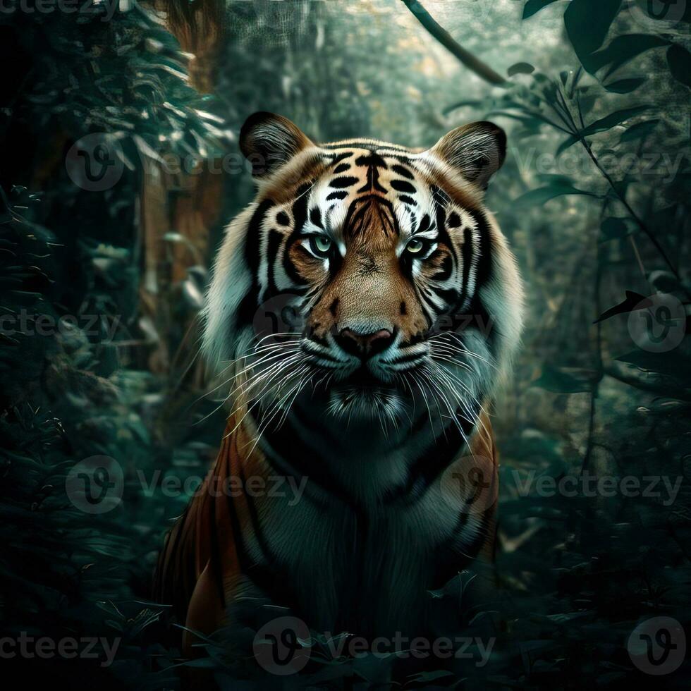 a tiger in the jungle with the words tiger in the corner a tiger in the jungle Generative AI photo