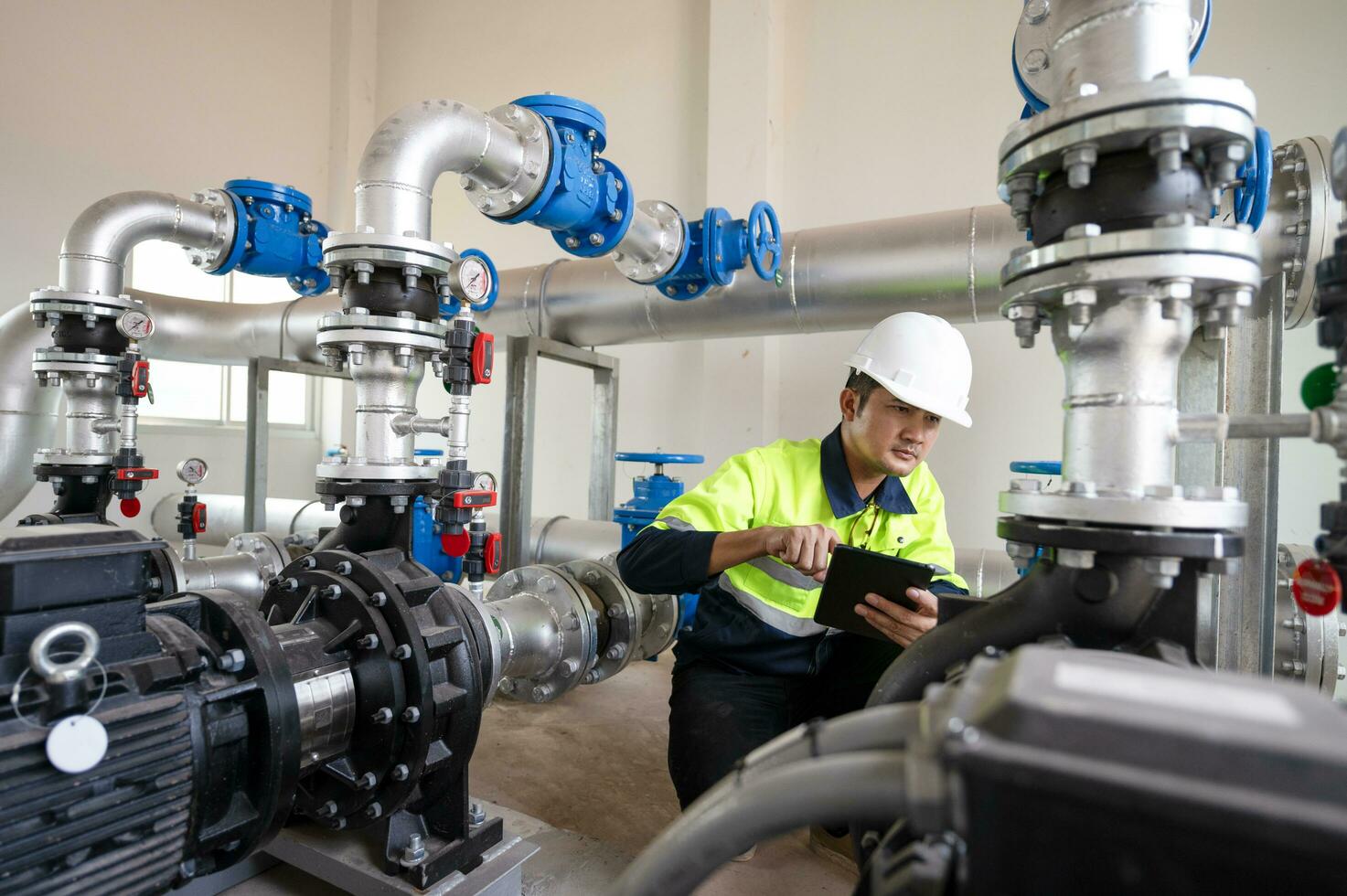 Maintenance engineers inspect the system of pumping stations and pipes delivering clean water and water storage tanks for the community. photo