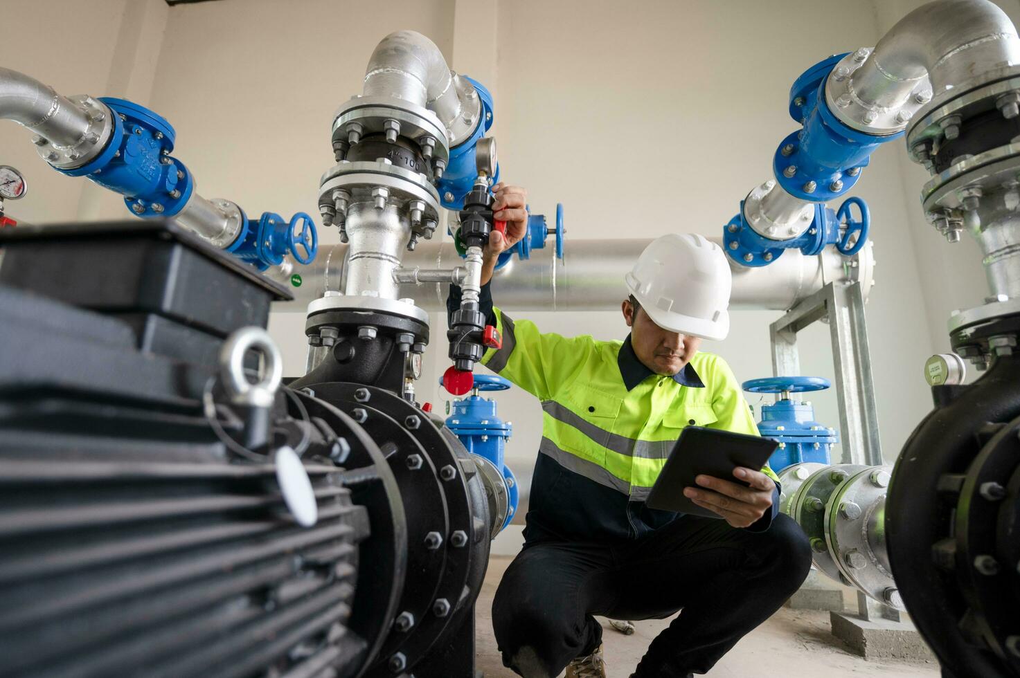 Maintenance engineers inspect the system of pumping stations and pipes delivering clean water and water storage tanks for the community. photo