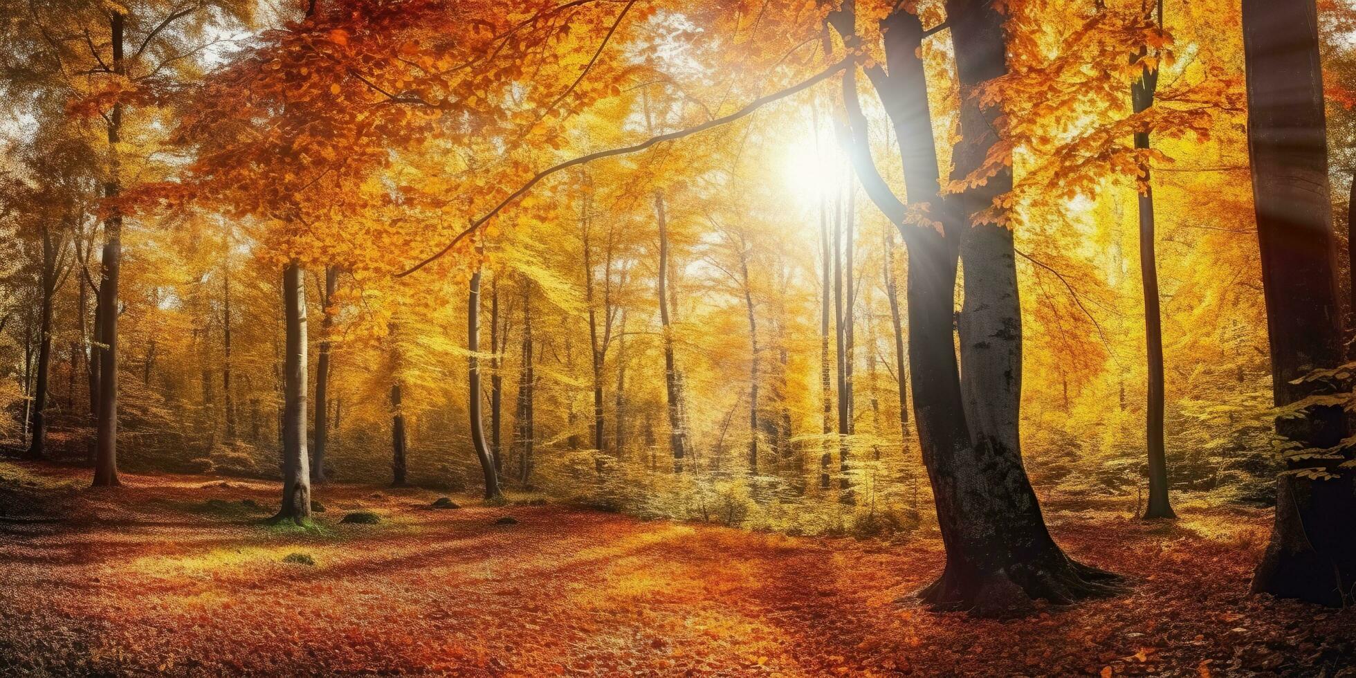 Tourists trekking amazing autumn forest in the morning sunlight. Red and yellow leaves on trees in the forest golden forest landscape photo