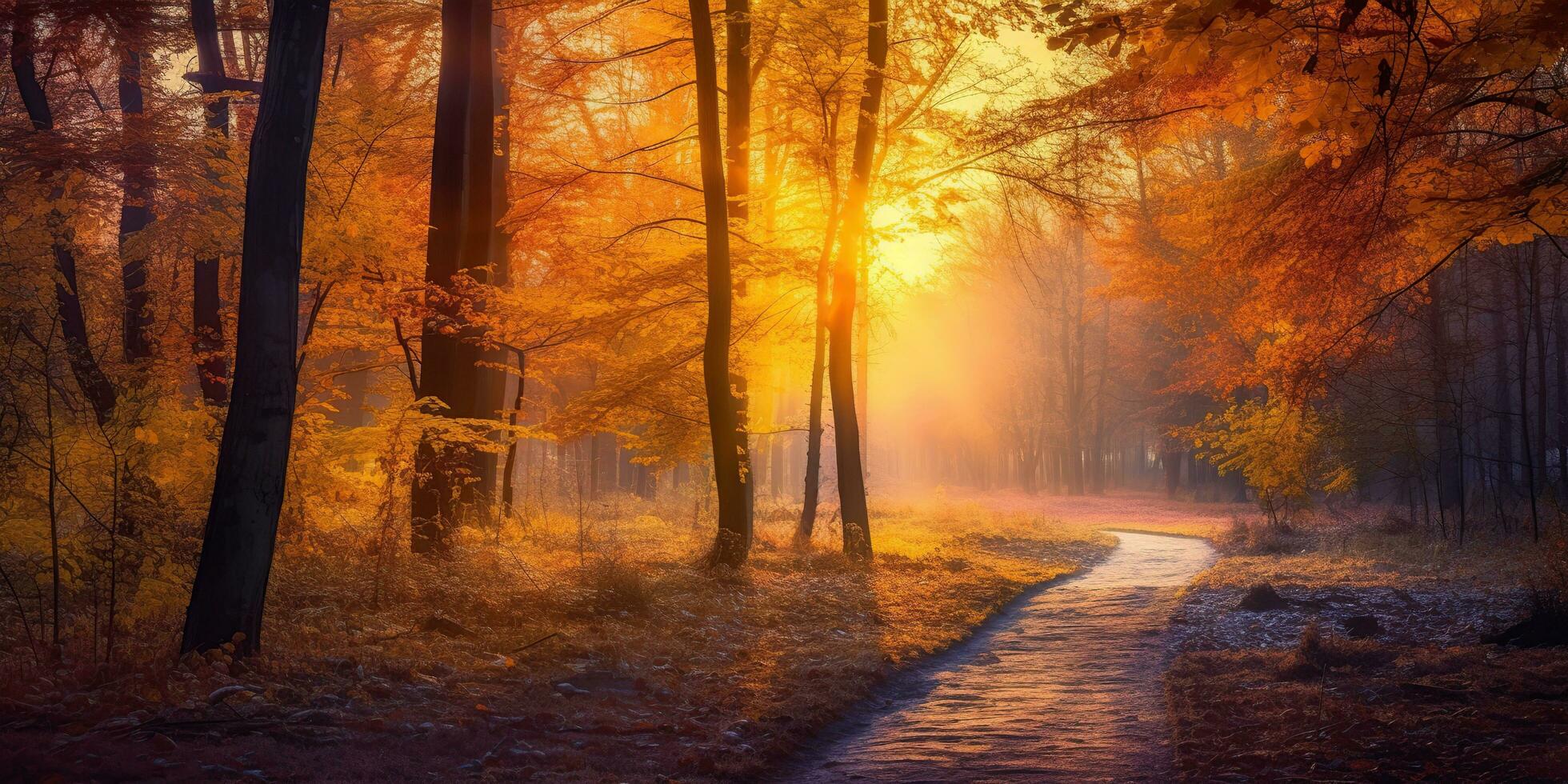 Tourists trekking amazing autumn forest in the morning sunlight. Red and yellow leaves on trees in the forest golden forest landscape photo