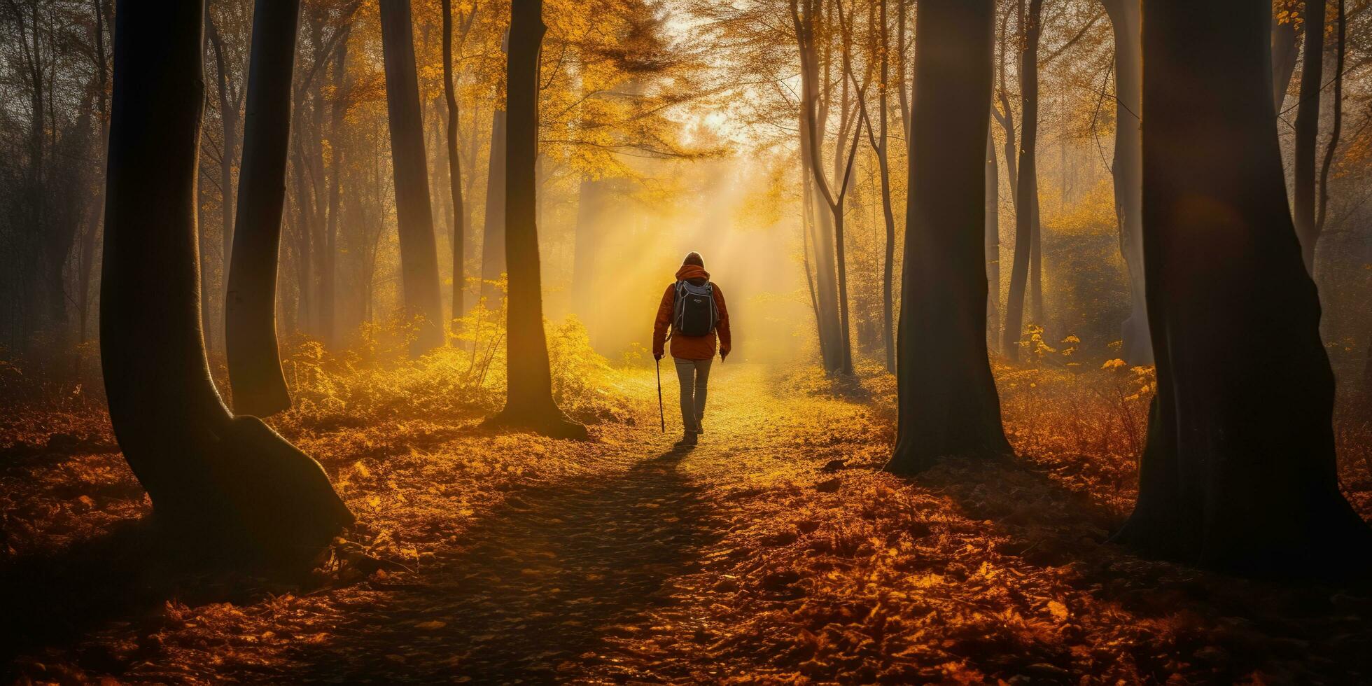 Tourists trekking amazing autumn forest in the morning sunlight. Red and yellow leaves on trees in the forest golden forest landscape photo