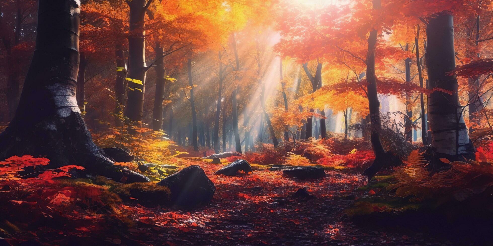 Tourists trekking amazing autumn forest in the morning sunlight. Red and yellow leaves on trees in the forest golden forest landscape photo