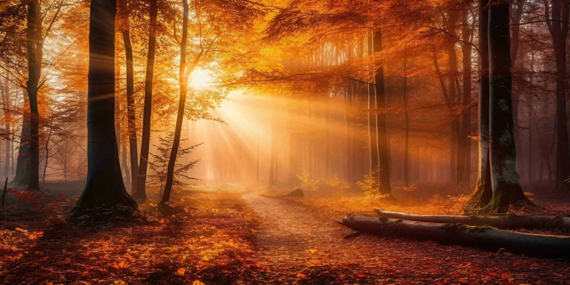 Tourists trekking amazing autumn forest in the morning sunlight. Red and yellow leaves on trees in the forest golden forest landscape photo