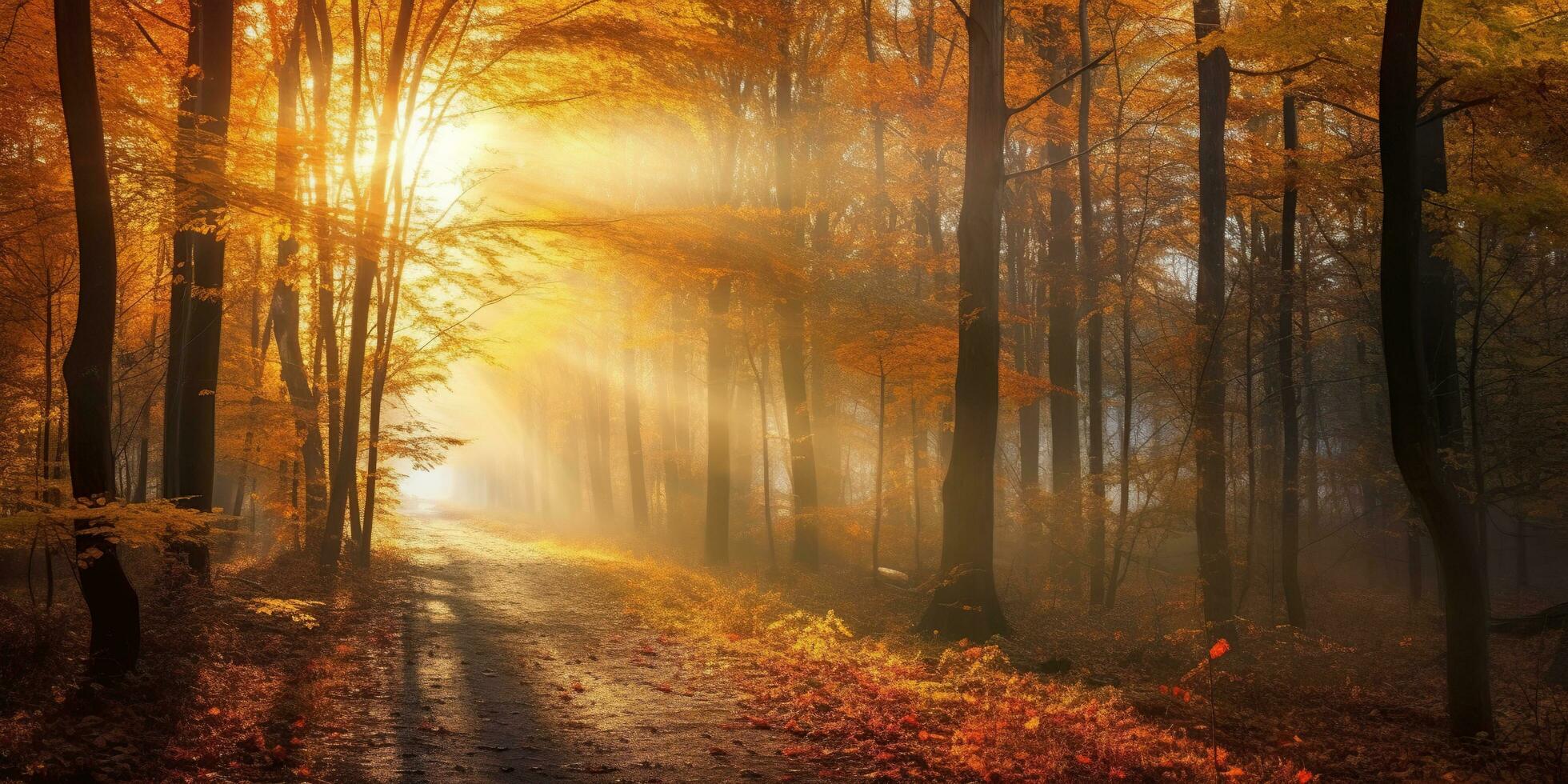 Tourists trekking amazing autumn forest in the morning sunlight. Red and yellow leaves on trees in the forest golden forest landscape photo