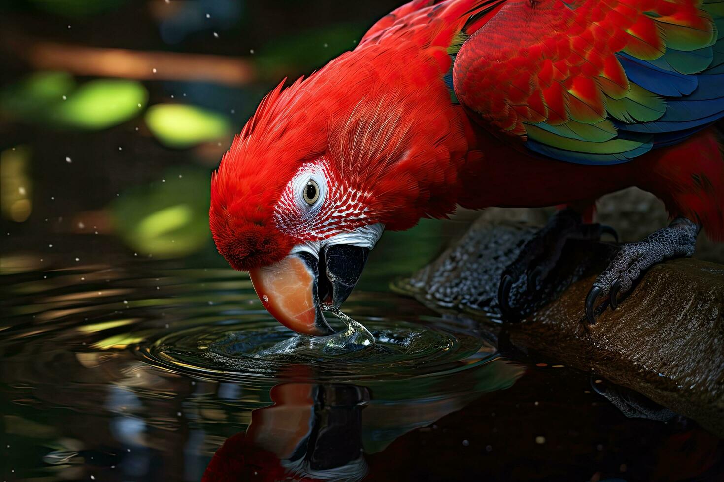 Red parrot in the forest. Lam Than river. Macaw parrot flying in dark green plants, red parrot in the forest. photo
