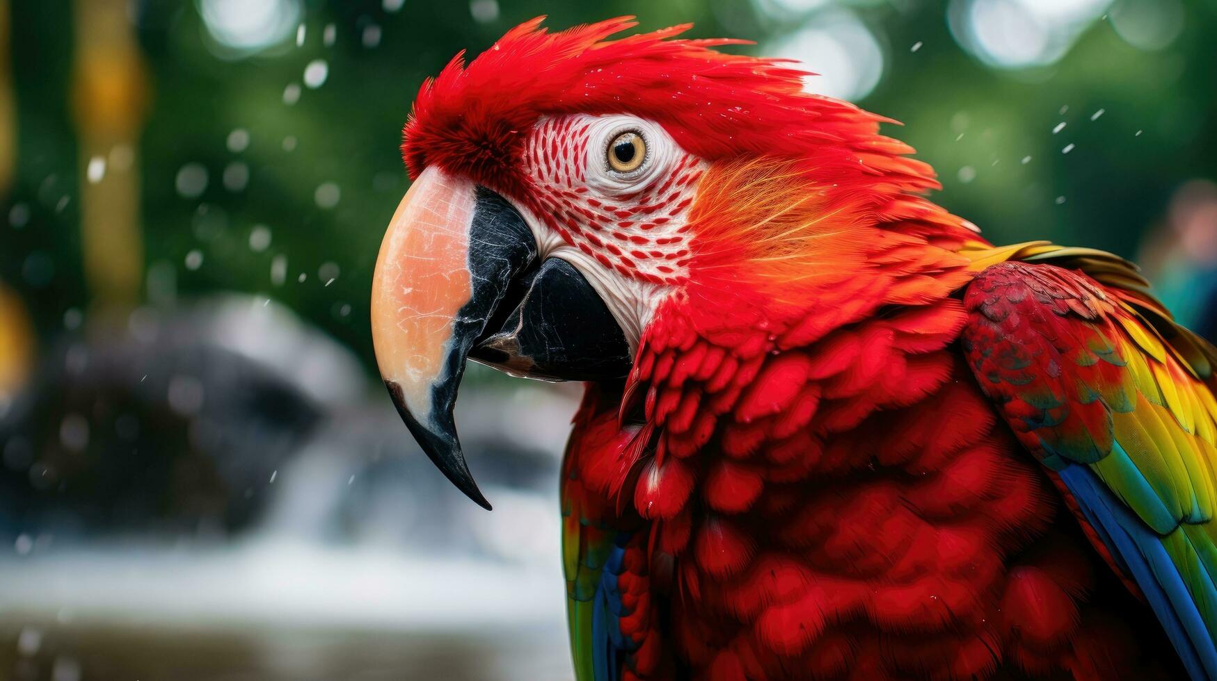 Red parrot in the forest. Lam Than river. Macaw parrot flying in dark green plants, red parrot in the forest. photo