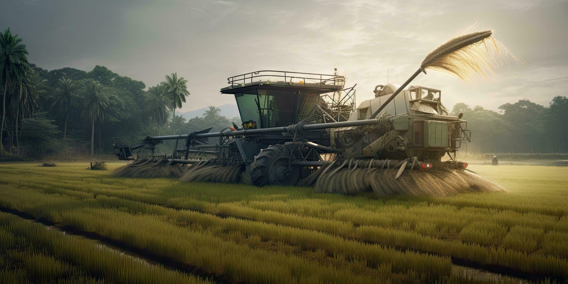arroz segador de el futuro, sin conductor, satélite navegación sistema para agrícola maquinaria agrícola innovación, inteligente agricultura cosecha juntos foto