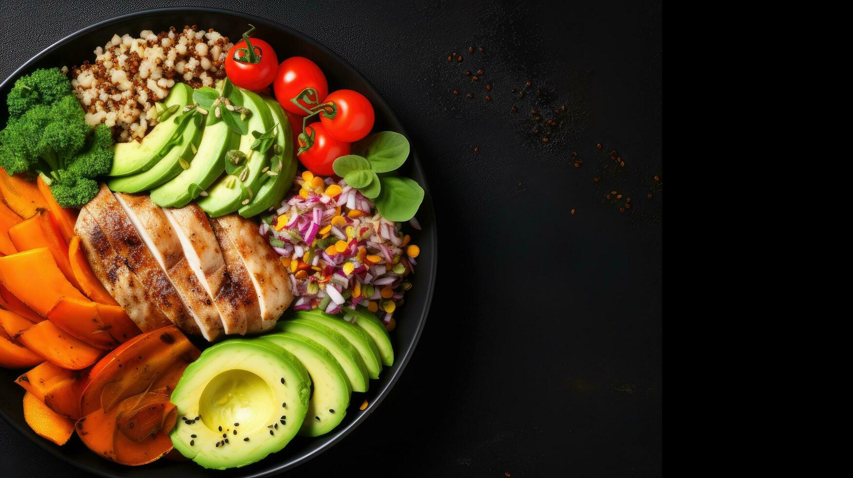 Red quinoa bowl with avocado, radishes, scallions, cherry tomatoes, chives and fresh basil. Top view. Copy space. photo