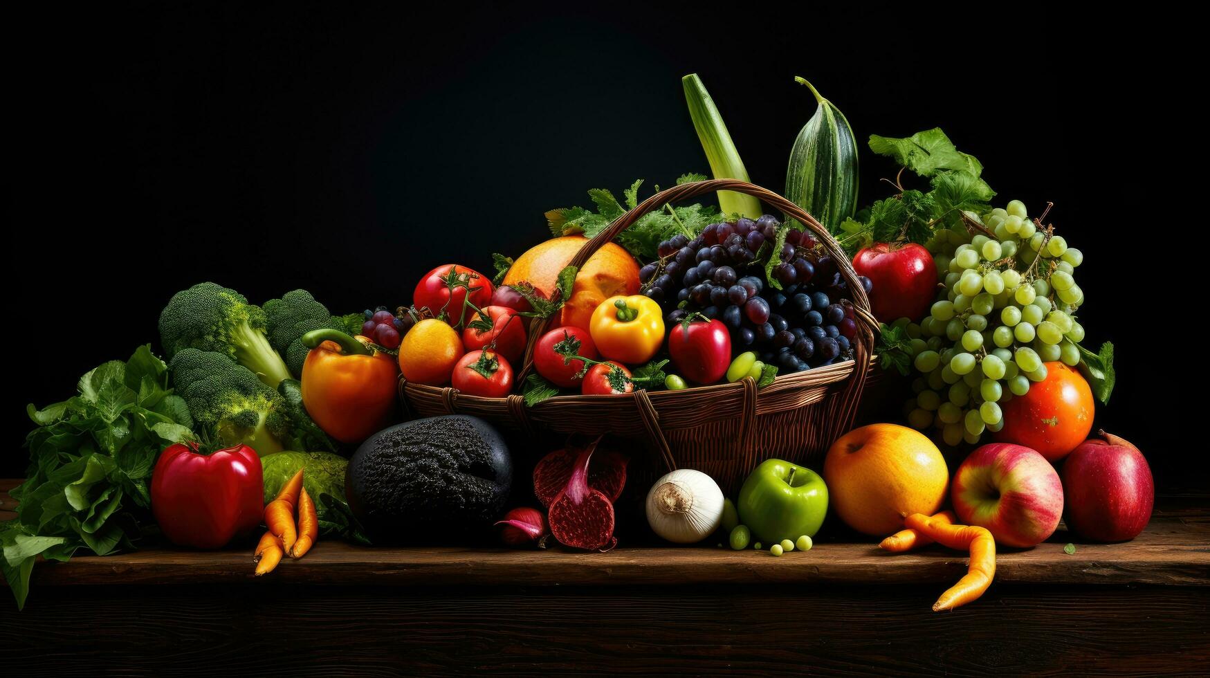 Studio shot of various fruits and vegetables isolated on black background. Top view. High resolution products photo