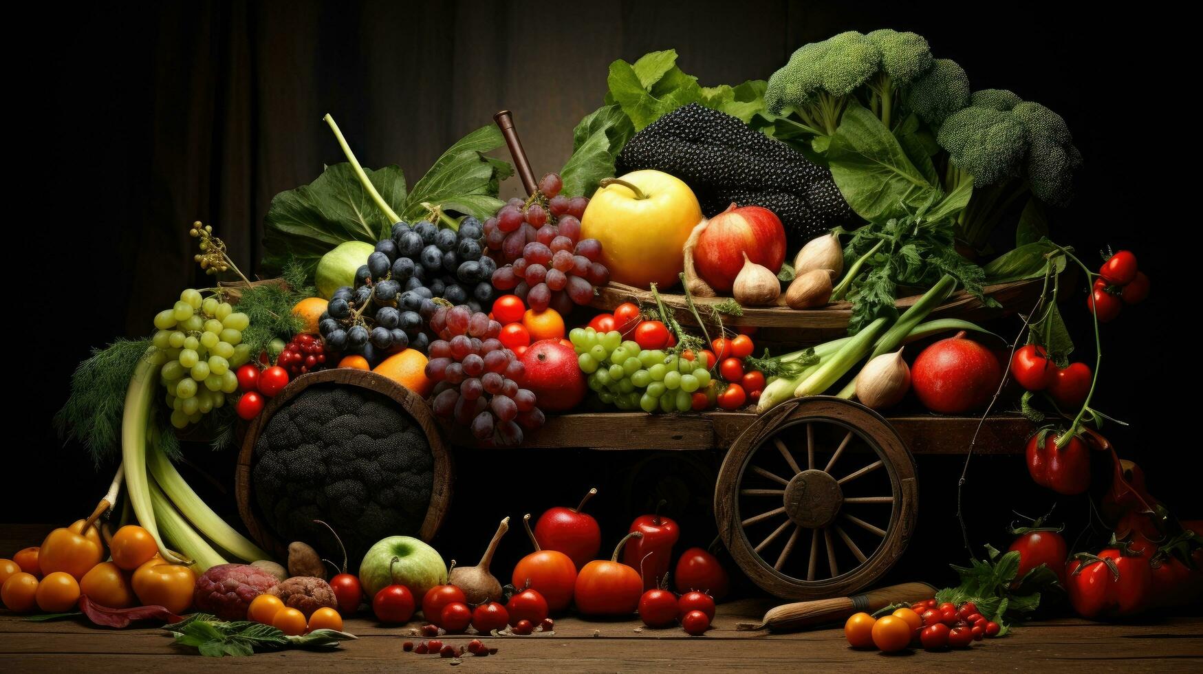 Studio shot of various fruits and vegetables isolated on black background. Top view. High resolution products photo