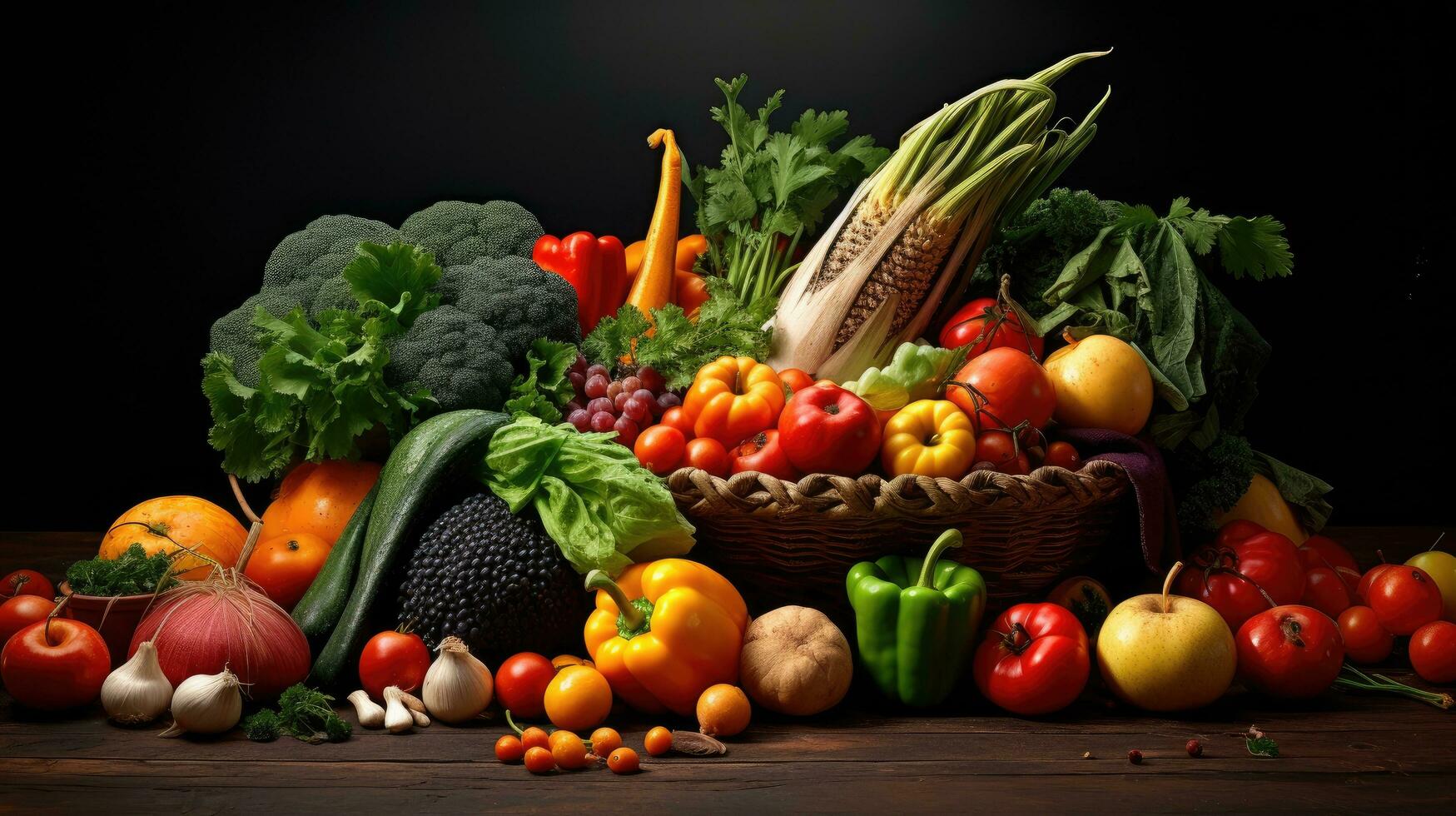 Studio shot of various fruits and vegetables isolated on black background. Top view. High resolution products photo