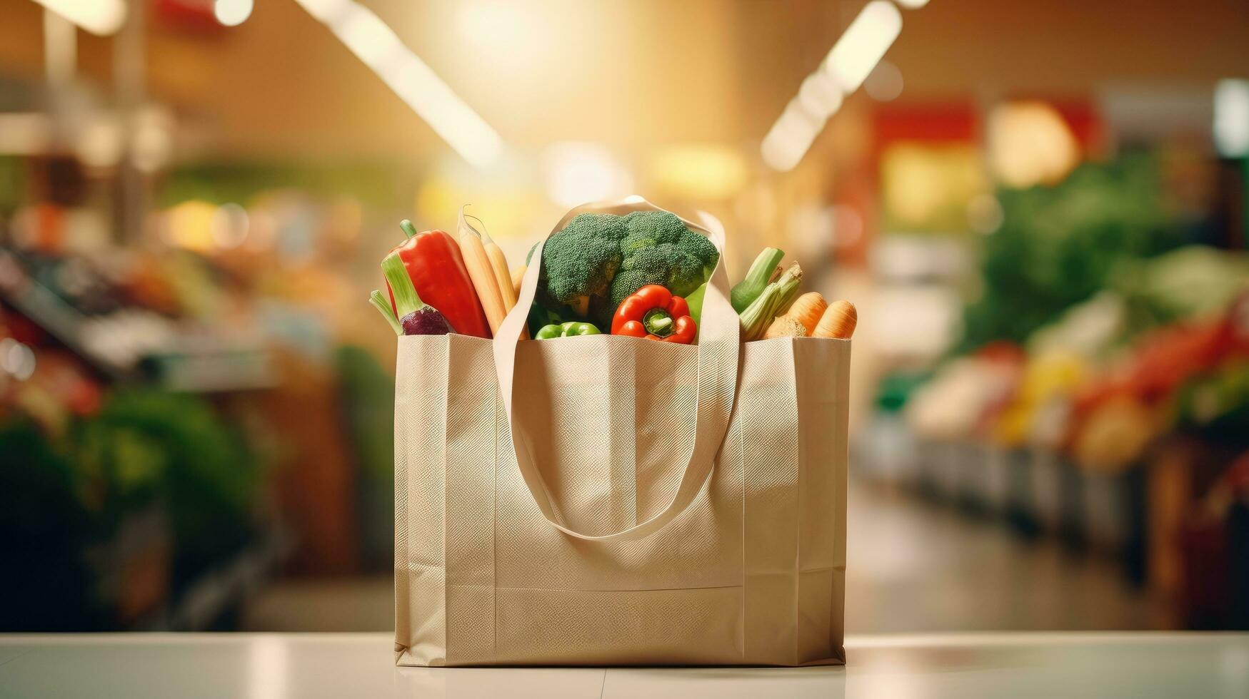 Shopping bags with fresh vegetables, eco-friendly food on a wooden table with blurred supermarket aisles in the background. photo