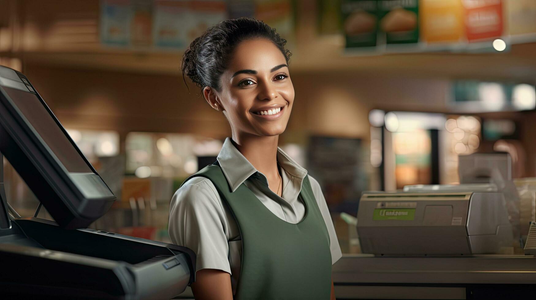 Beautiful smiling cashier working at grocery store,cashier photo