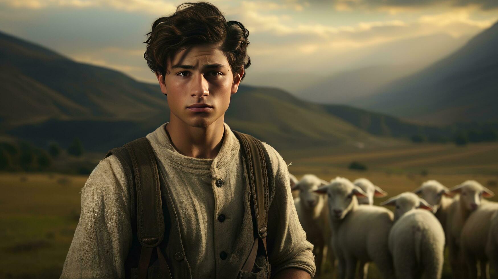 Handsome young man in the meadow with cattle Shepherd working on farm. Outdoor. Eco pasture. farming concept photo