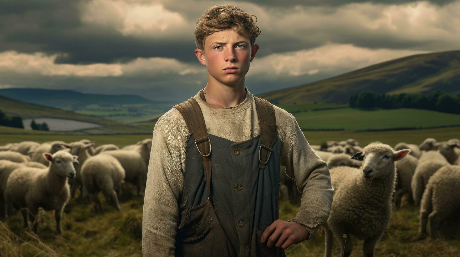 Handsome young man in the meadow with cattle Shepherd working on farm. Outdoor. Eco pasture. farming concept photo