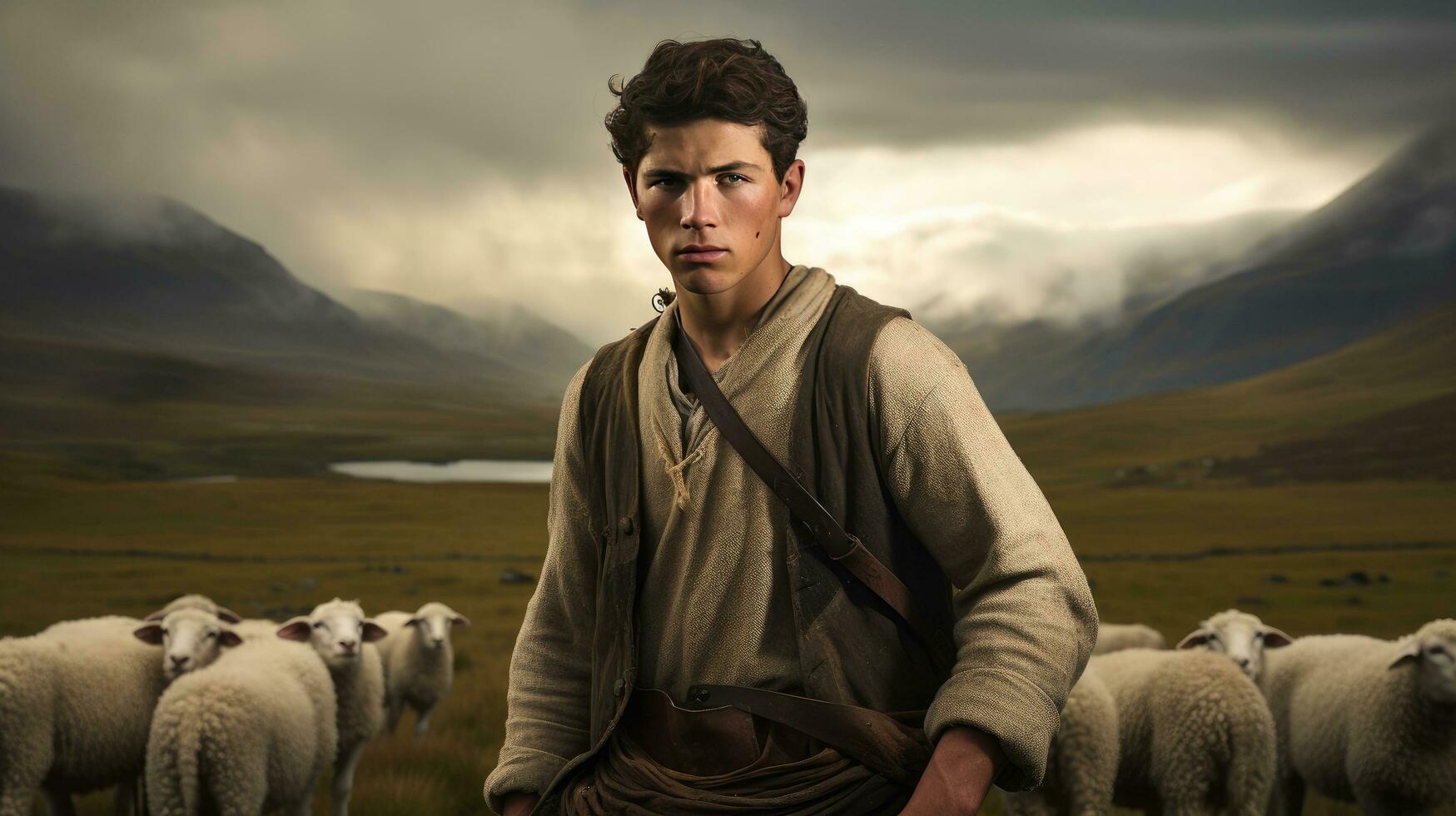 Handsome young man in the meadow with cattle Shepherd working on farm. Outdoor. Eco pasture. farming concept photo
