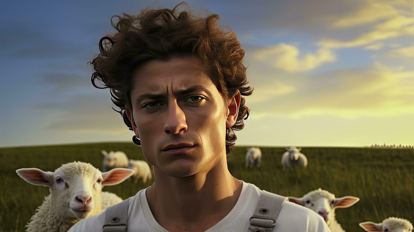 Handsome young man in the meadow with cattle Shepherd working on farm. Outdoor. Eco pasture. farming concept photo
