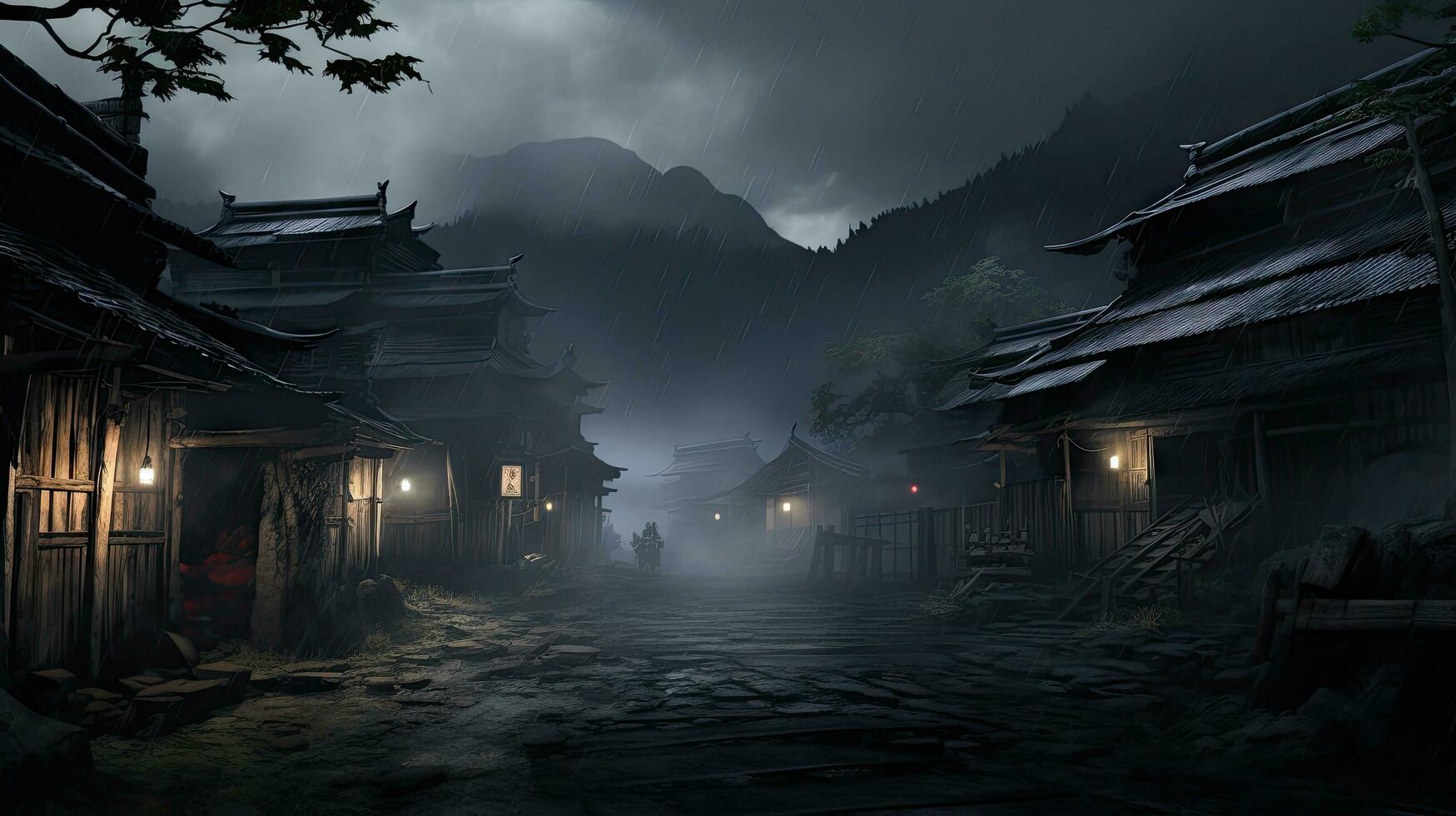 A samurai stands in the alley of an old house in the Kicho Valley at night.Generated with AI photo