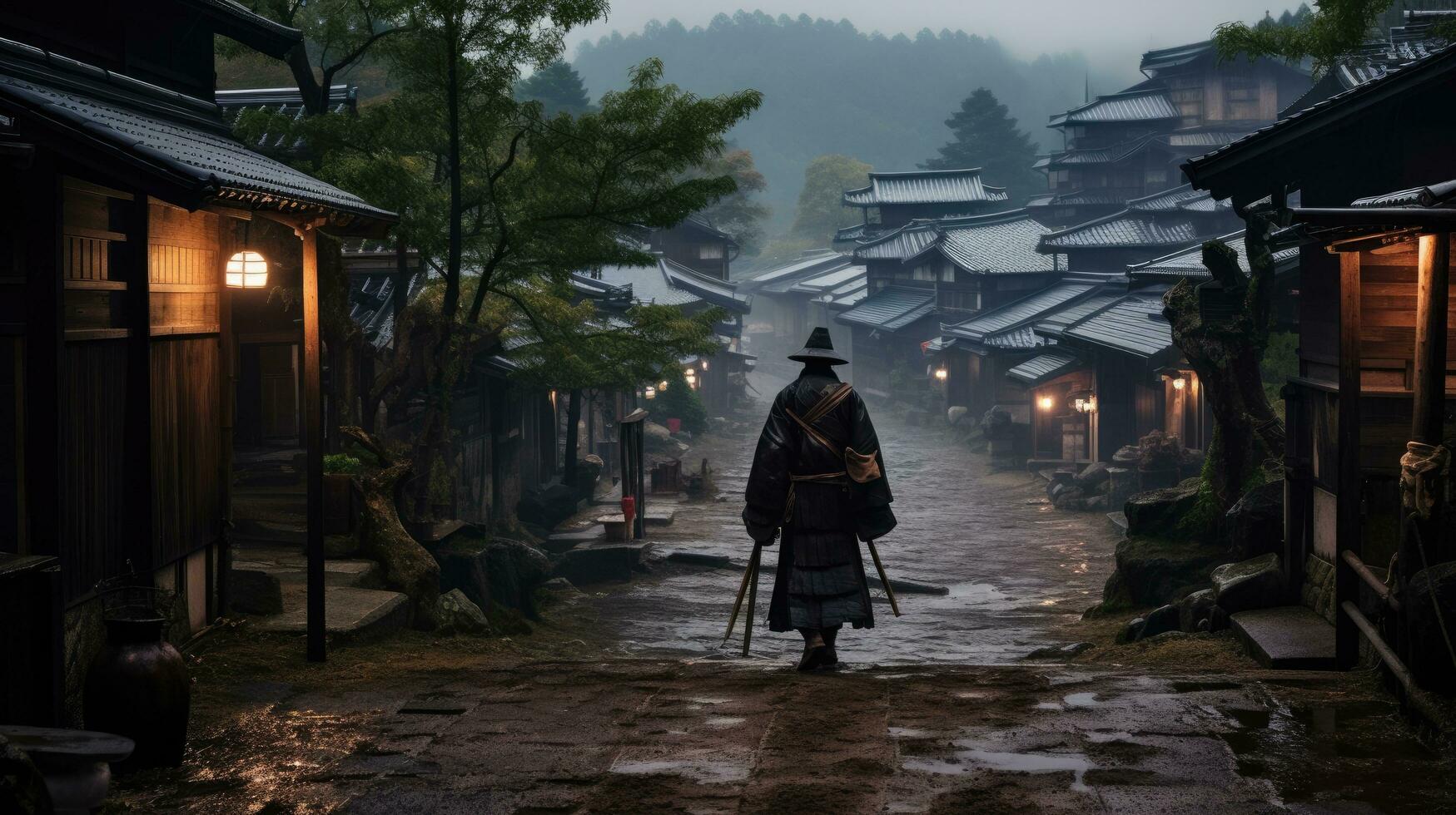 A samurai stands in the alley of an old house in the Kicho Valley at night.Generated with AI photo